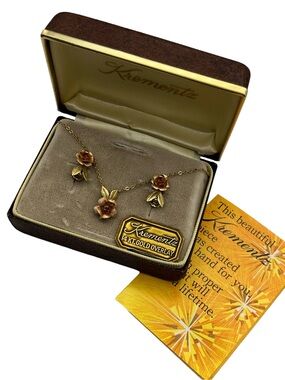 Krementz 14k gold overlay screw back earrings & necklace boxed vintage set
